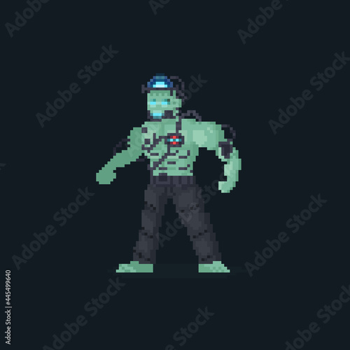 Pixel art android frankenstein character.