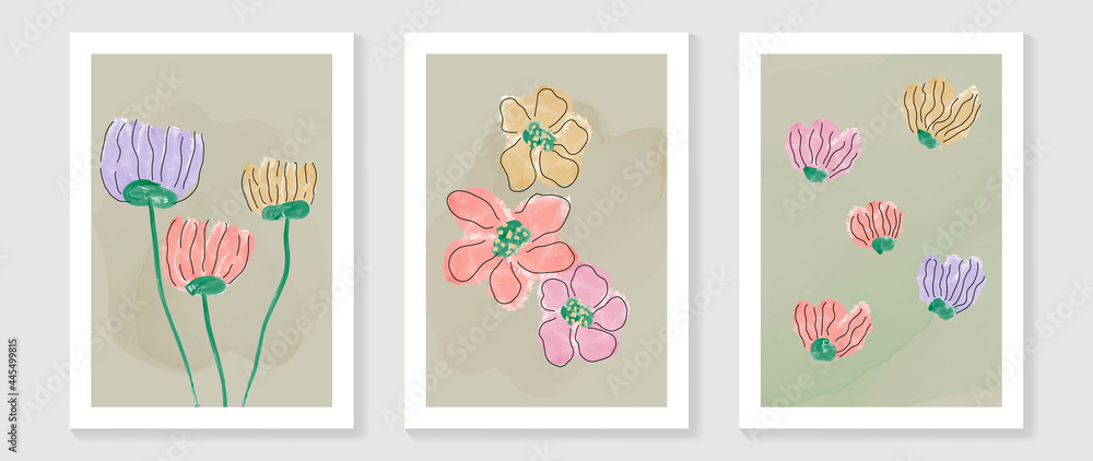 Floral watercolor wall art design vector.  Abstract art background for canvas prints, wallpaper and home decor. 