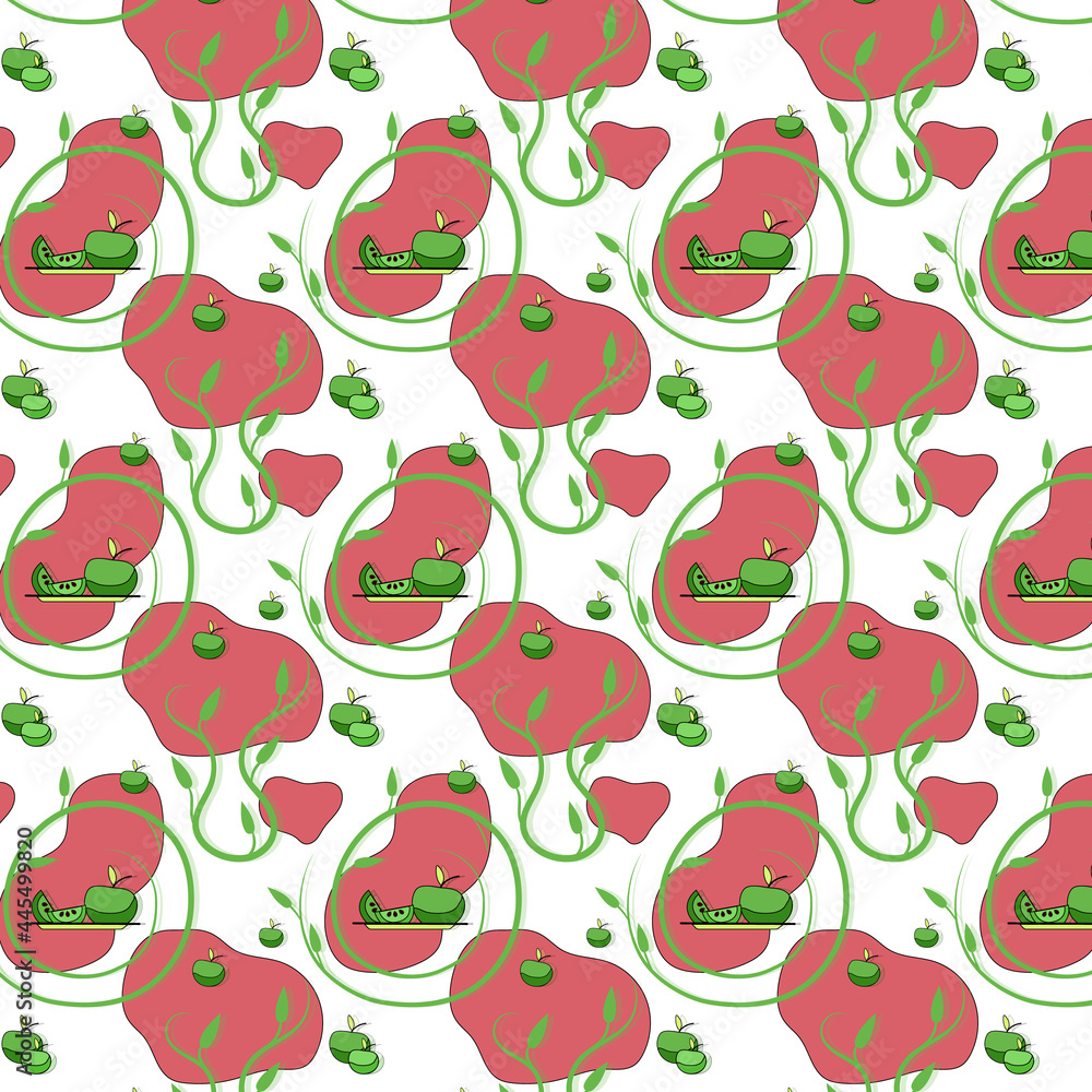 seamless pattern of green apple plants and red background seamless pattern of green apple plants and red background