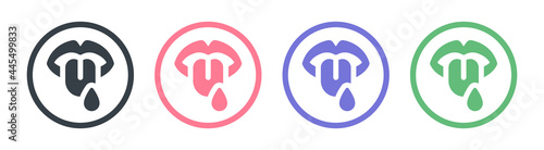 Mouth sticking tongue out with water drop icon symbol. Taste, yummy concept
