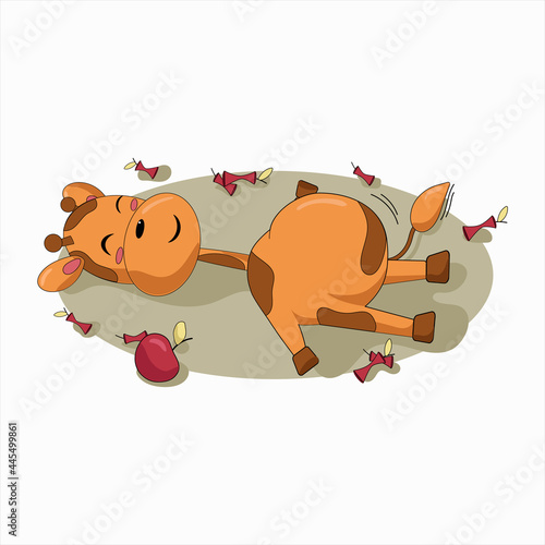 the little giraffe has eaten all the apples and lies because he overeat