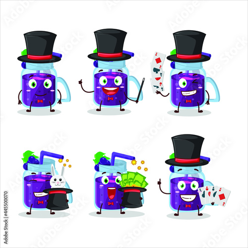 A grapes smoothie Magician cartoon character perform on a stage. Vector illustration