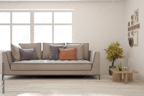 White living room with sofa. Scandinavian interior design. 3D illustration