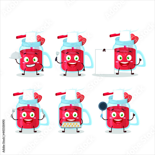 Cartoon character of strawberry smoothie with various chef emoticons. Vector illustration