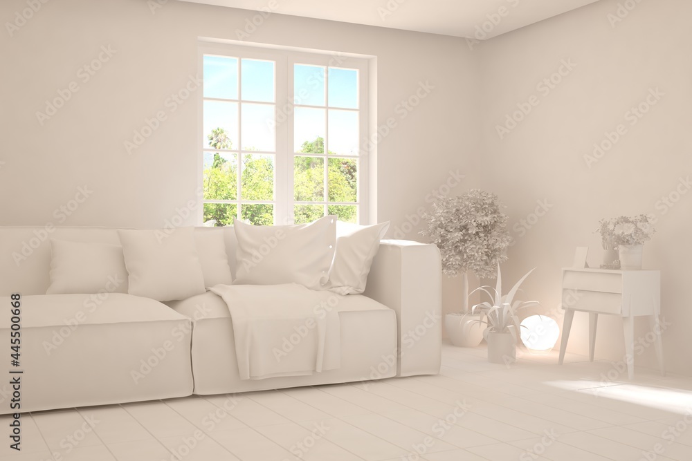 Fototapeta premium White living room with sofa and summer landscape in window. Scandinavian interior design. 3D illustration