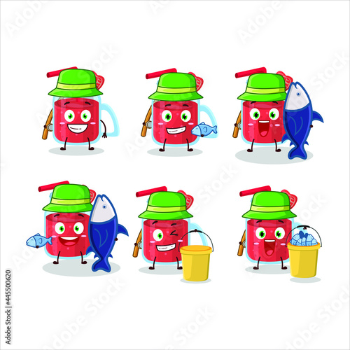 A fisherman strawberry smoothie cartoon picture catch a big fish. Vector illustration