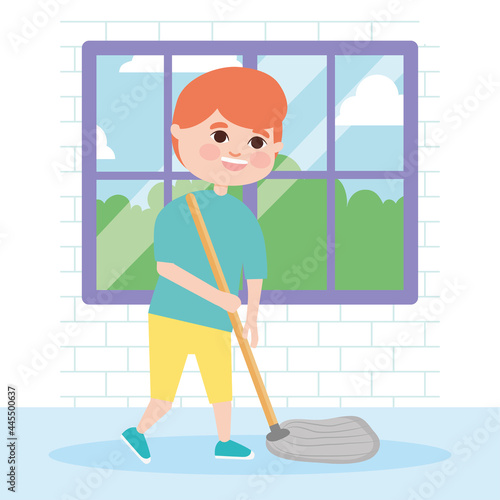 boy mopping the hallway