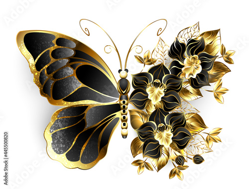 Fotografia, Obraz Gold flower butterfly with black orchid