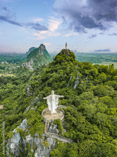Aerial view of Don Sai, Christ Redeemer statue, in Ratchaburi, Thailand
