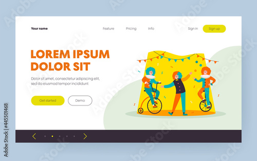 Clowns performing on circus arena, riding bike, juggler balancing on monocycle. Vector illustration for joker, comedy show, performance, fun fair concept