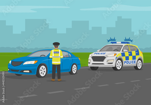 Traffic police officer stops a blue sedan car to check on driver s documents. Traffic speed control. Flat vector illustration template.