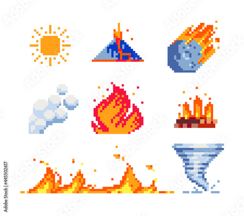 Cataclysm icons set. Pixel art style. Cloud lightning, smoke,  flame meteorite, tornado storm and eruption. Weather sign, isolated vector illustration. Design for web site, app, sticker