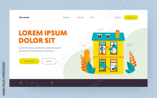 Various people using digital devices in windows. Laptop, smartphone, chat flat vector illustration. Accommodation and neighborhood concept for banner, website design or landing web page