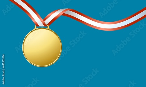 Vector illustration of a gold medal on a blue background and spaces for text, as a template.