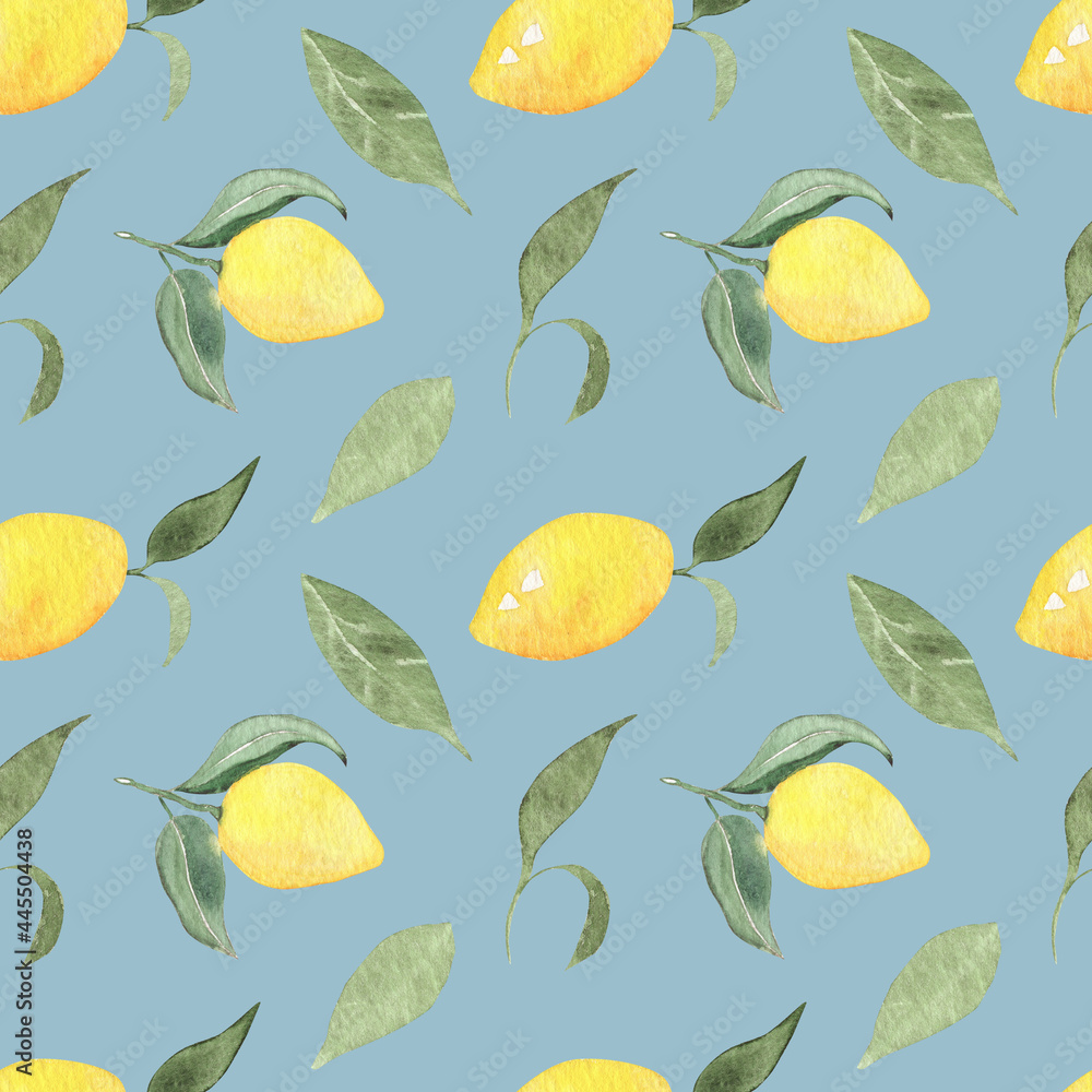 Seamless pattern with lemons on blue backdrop. Pattern for decor, design, prints, fabric. backdrops. Seamless pattern with lemons on blue backdrop. Pattern for decor, design, prints, fabric. backdrops.