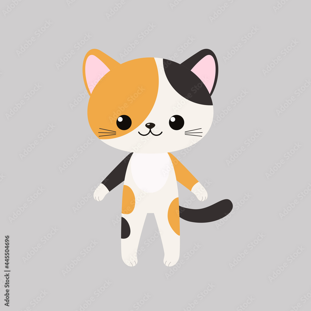 Fototapeta premium Cute kawaii tricolor cat stands isolated on gray background