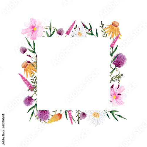Square floral frame with wild flowers illustrations for cards  postcards  invitations  decor and design. 