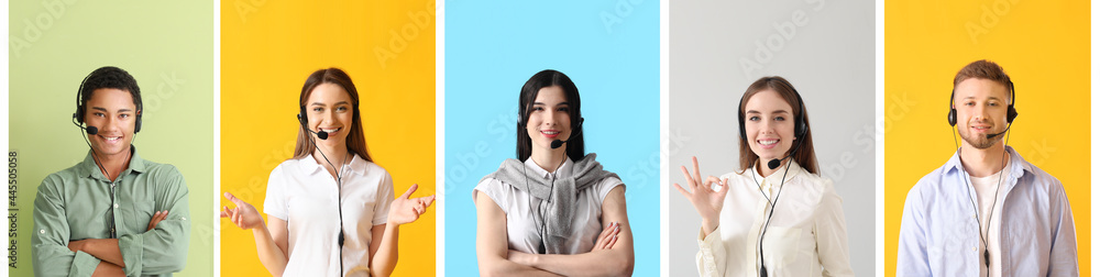 Technical support agents on color background - obrazy, fototapety, plakaty 