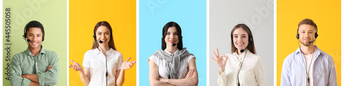 Technical support agents on color background photo