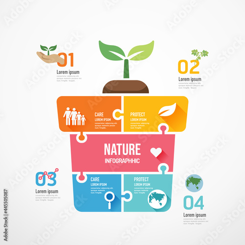 Eco seedlings shape jigsaw banner. Concept Design infographic Template vector illustration
