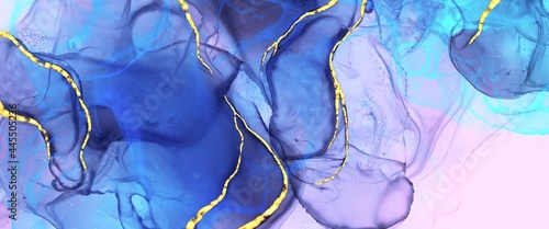 Alcohol ink abstract background with watercolour brush stroke, blue and purple accent, creative hand painted art, kintsugi gold paths, trendy wallpaper	