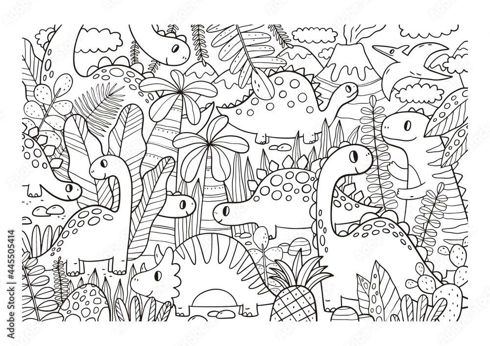 Dinosaur Big coloring page. Big Hand drawn coloring poster with cute dinosaur on a skateboard  for children.