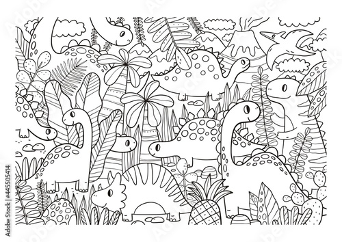 Dinosaur Big coloring page. Big Hand drawn coloring poster with cute dinosaur on a skateboard for children.
