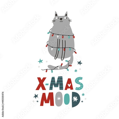 Fototapeta Naklejka Na Ścianę i Meble -  Scandinavian Christmas - vector seamless pattern. Winter clipart - Snowflakes, stars, houses, tree. Happy Holidays