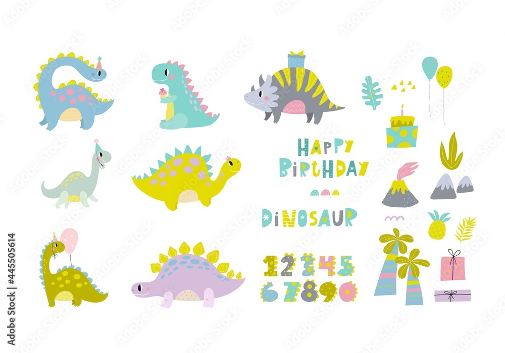 Cute dinosaur vector print for kids. Happy Birthday cards with cartoon ...