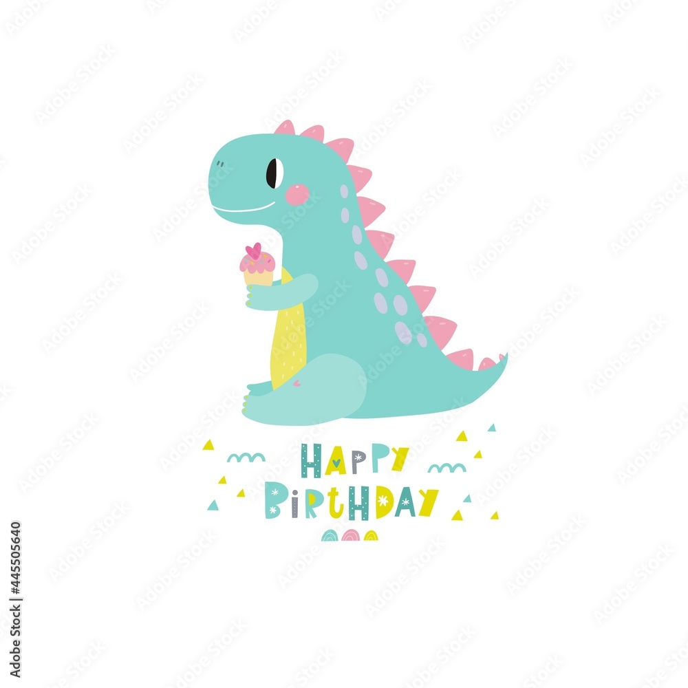 Obraz premium Cute dinosaur vector print for kids. Happy Birthday cards with cartoon dinosaur. Cute Dino pastel print for party decor.