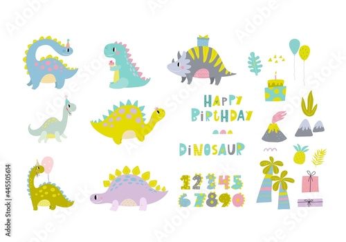 Cute dinosaur vector print for kids. Happy Birthday cards with cartoon dinosaur.  Cute Dino pastel print for party decor.