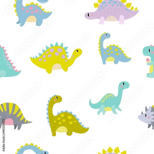 Cute dinosaur vector print for kids. Happy Birthday cards with cartoon dinosaur.  Cute Dino pastel print for party decor.  Seamless pattern