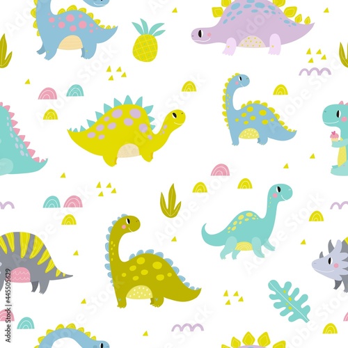 Cute dinosaur vector print for kids. Happy Birthday cards with cartoon dinosaur. Cute Dino pastel print for party decor. Seamless pattern