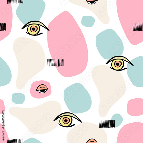 Modern abstract pattern witn eyes and nature shapes for kids  textile fabric, wrapping paper,wallpaper decor.