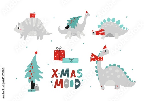 Merry Christmas and Happy New year hand drawn vector print with cute Dinosaur. Christmas lettering and calligraphy pattern with cartoon Dino. 