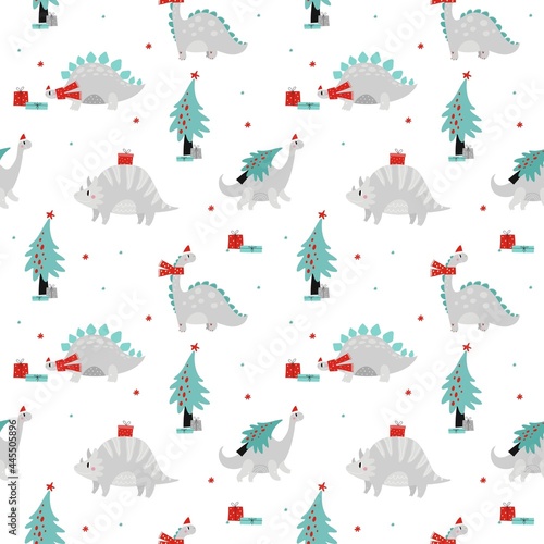 Merry Christmas and Happy New year hand drawn vector print with cute Dinosaur. Christmas lettering and calligraphy pattern with cartoon Dino. seamless pattern