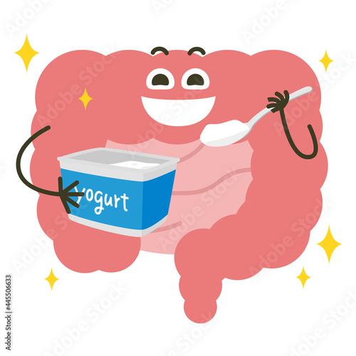 笑顔の大腸のイラスト。ヨーグルトを食べて健康的なピンク色の大腸。
