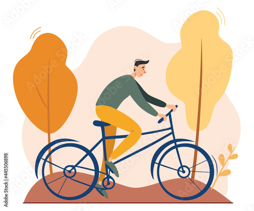 Young man riding bicycle outdoors in autumn park. Environment friendly, ecologically clean personal transport. Healthy lifestyle, nature protection. Male character. Autumn background. Vector