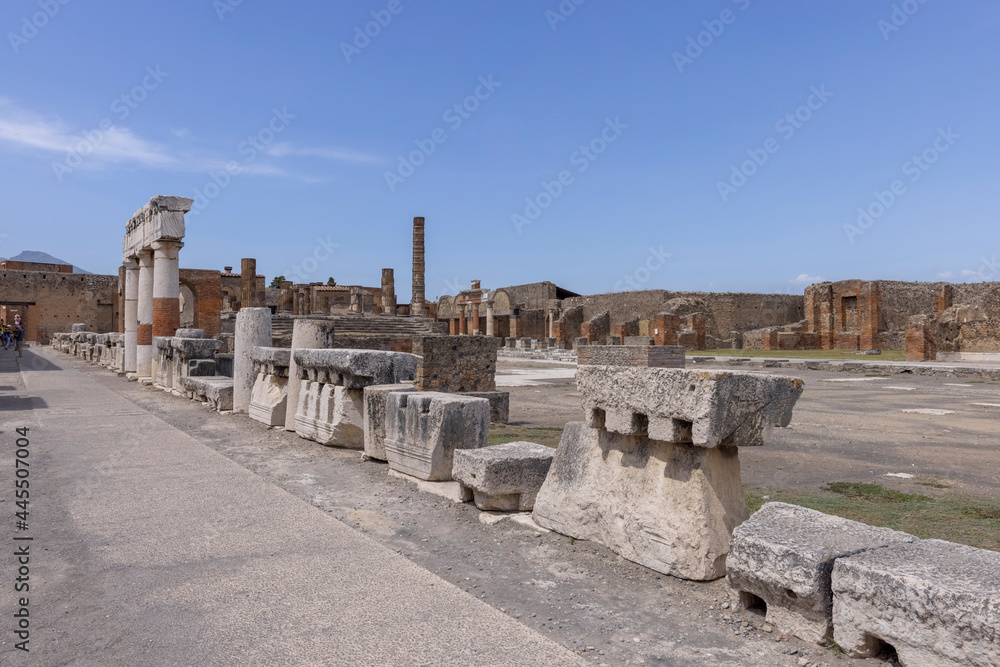 Forum of city destroyed by the eruption of the volcano Vesuvius in 79 AD near Naples, Pompeii, Italy