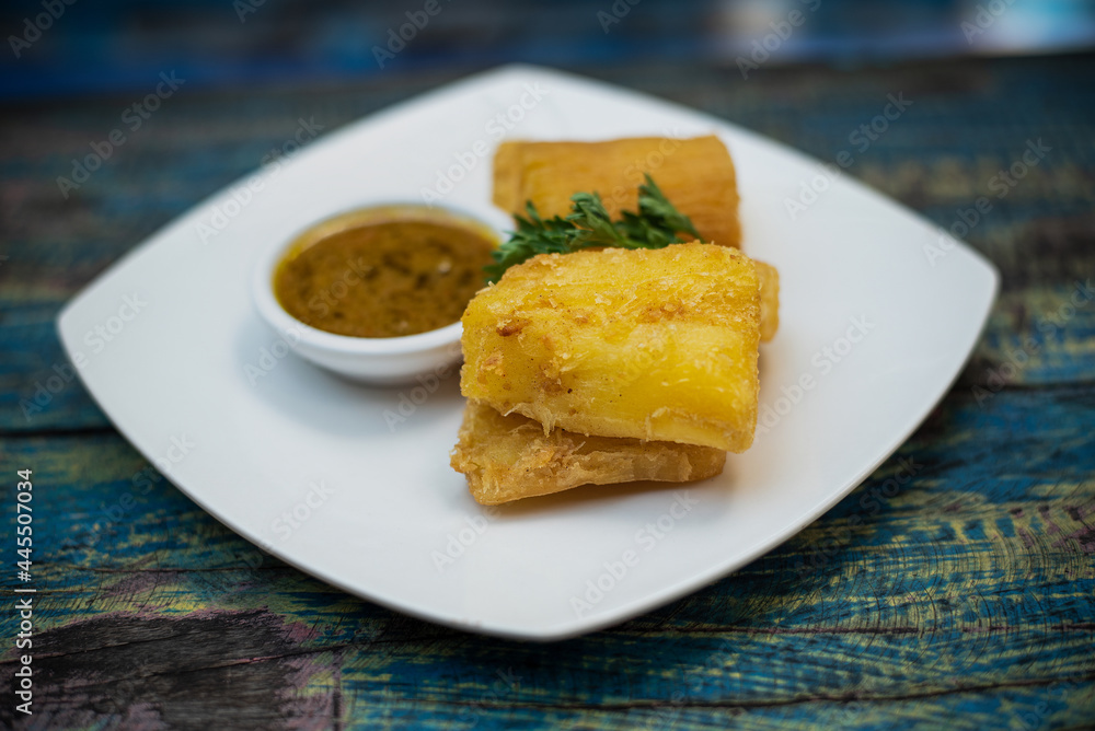 Fried cassava is a traditional Indonesian sweet potato dish with sweet spicy