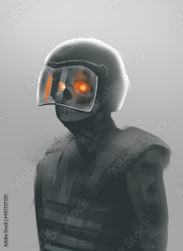 Scary cop with glowing red eyes and a skull, gloomy image of the guardian of law and order, evil police