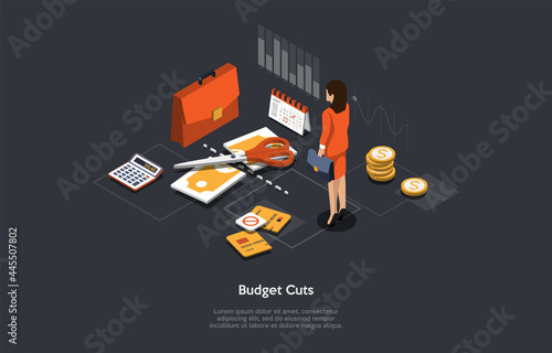 Isometric Vector Illustration Cartoon 3D Style. Composition On Dark Background With Infographics. Budget Cuts Concept. Financial Problems, Business Bankruptcy, Invest Recession. Money Related Items.