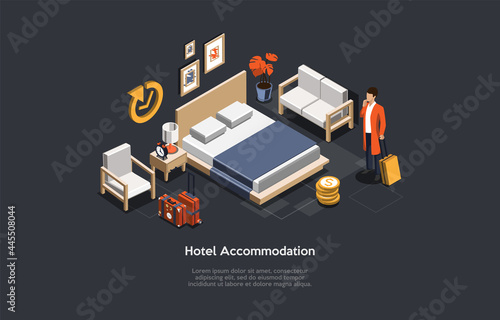 Vector Illustration, Hotel Accommodation Concept. Isometric 3D Composition, Cartoon Style. Daily Rent Flat Or Room. Real Estate Business, Housing Service. Character With Luggage, Indoors Elements