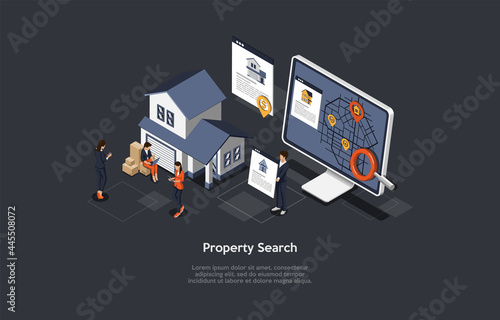 Vector Illustration, Property Search Concept. Isometric 3D Composition, Cartoon Style. Application, Website Or Program For Real Estate Placement And Deals. Computer With Map On Screen, Characters