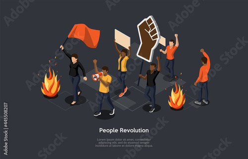 Isometric Composition On Dark Background. Vector 3D Illustration In Cartoon Style. People Revolution, Mass Rebellion Concept. Group With Flags, Plackards, Signs. Person With Loudspeaker. Fire Around
