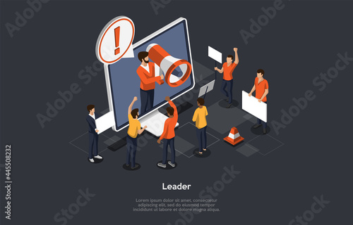 Isometric Composition On Dark Background. Vector 3D Illustration In Cartoon Style. Opinion Leader, Internet Influencer, People Group Strike Concept. Mass Rebellion Process, Online Protest Movement