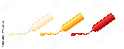  Set of plastic bottles with sauces. Mayonnaise, ketchup and mustard are squeezed out of bottles. Vector illustration