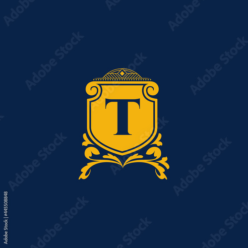 T Letter Initial with Royal Template. Elegant with crown logo vector, Creative Lettering Logo Vector Illustration. Royal shields badges, Coat of Arm Logo Concept.