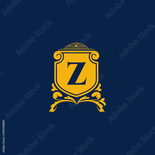 Z Letter Initial with Royal Template. Elegant with crown logo vector, Creative Lettering Logo Vector Illustration. Royal shields badges, Coat of Arm Logo Concept.
