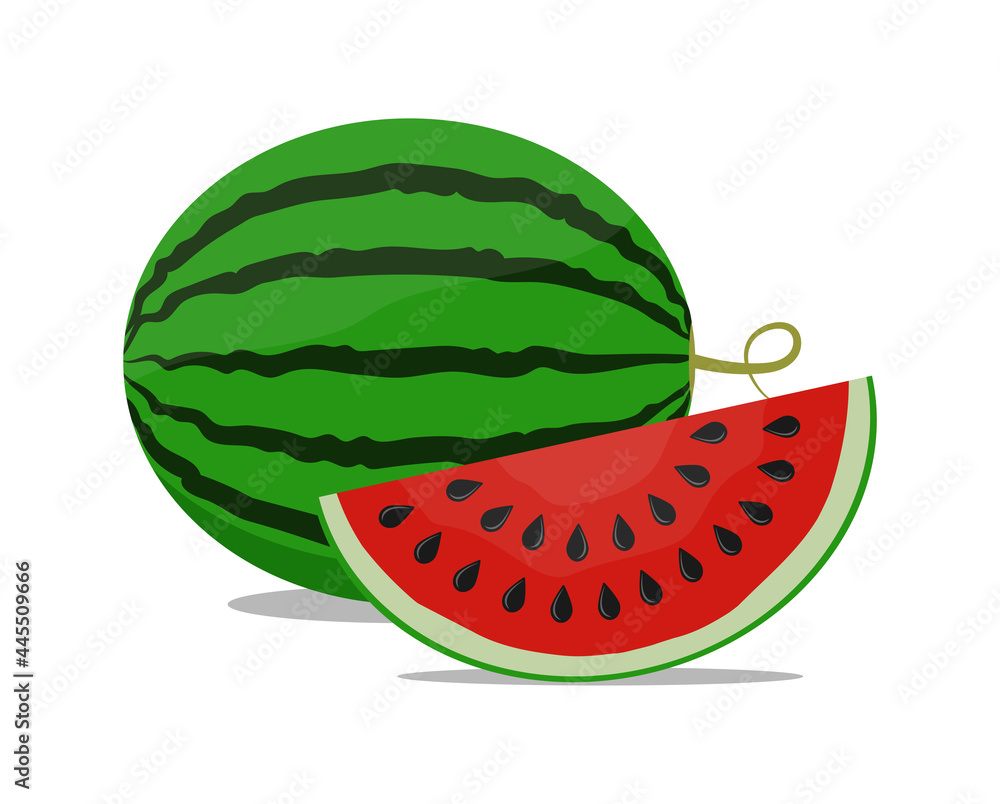 Bright juicy watermelon whole and slice isolated on white background. Vector flat illustration Bright juicy watermelon whole and slice isolated on white background. Vector flat illustration